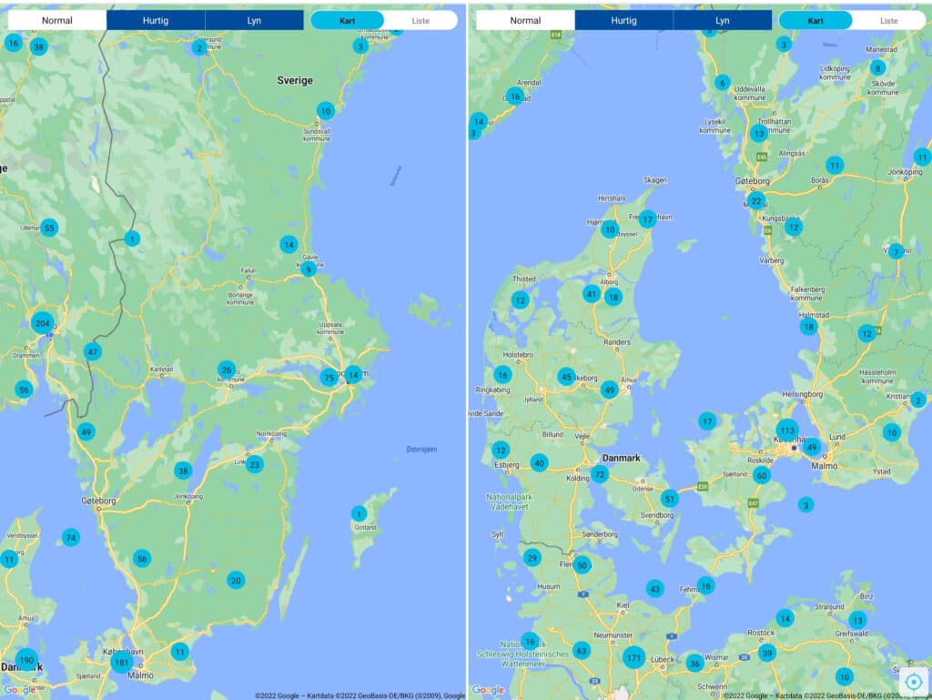 Kart med ladestasjoner i Sverige og Danmark
