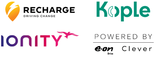 Logoer til ladeselskapene Recharge, Kople Ionity og Powered by E.ON Drive & Clever